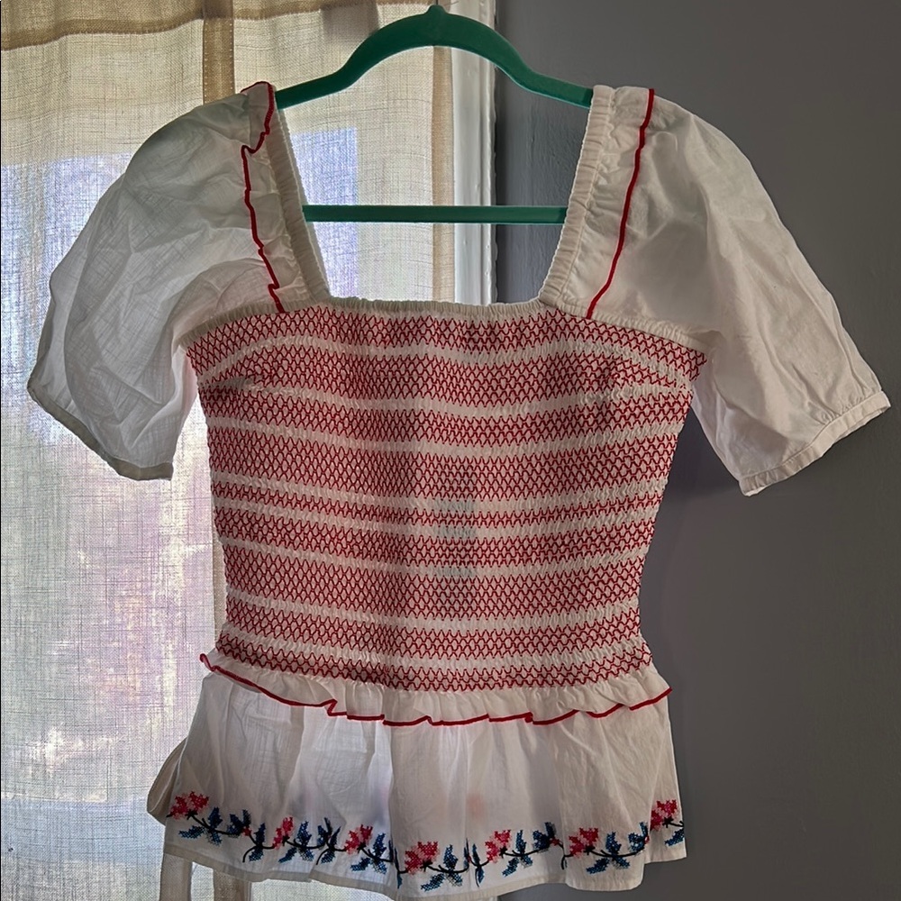 Draper James White and Red Smocked Peplum Blouse